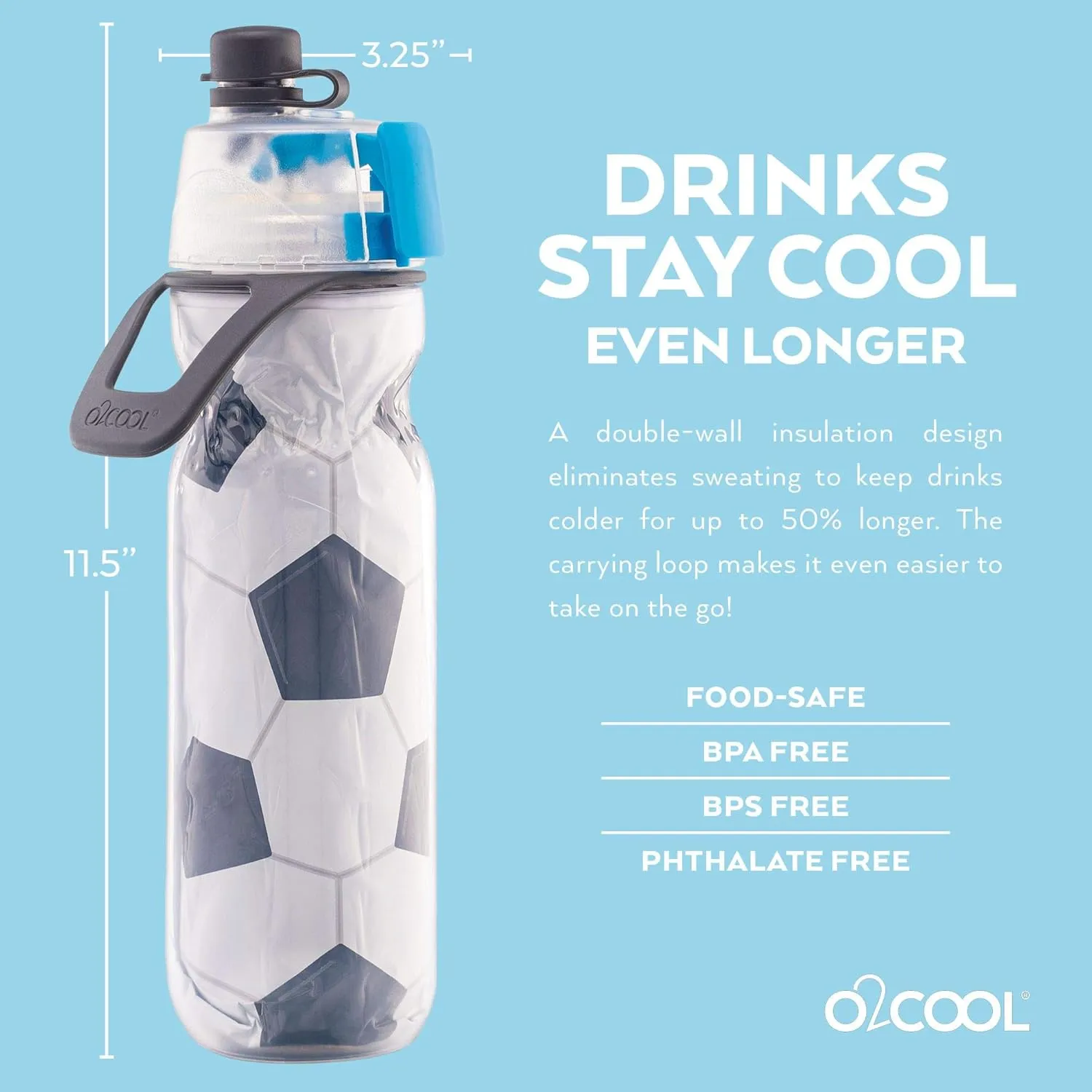 O2COOL Mist 'N Sip Misting Water Bottle 2-in-1 Mist And Sip Function With No Leak Pull Top Spout Reusable Sports Water Bottle - 20 oz (Soccer)