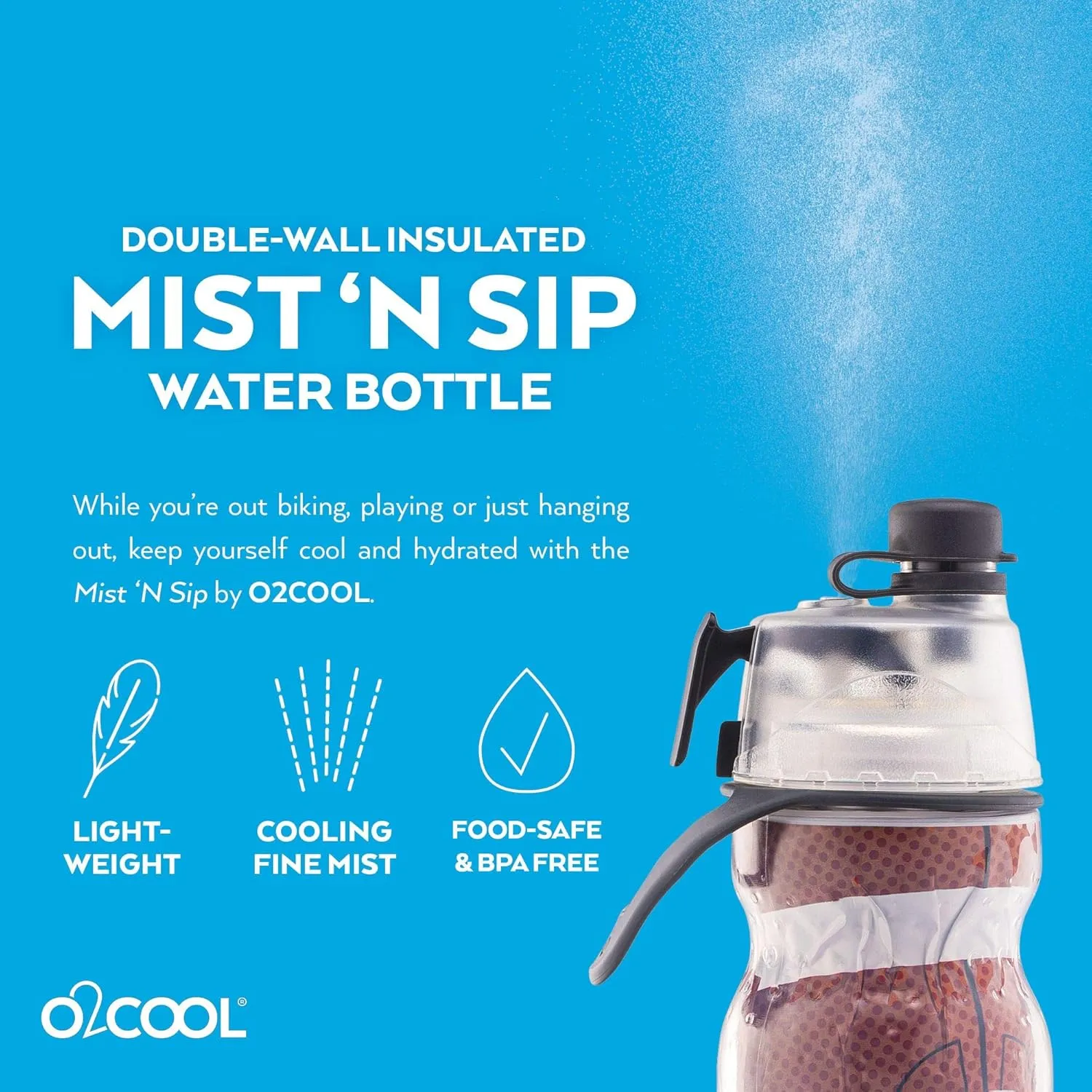 O2COOL Mist 'N Sip Misting Water Bottle No Leak Pull Top Spout Sports Water Bottle 20 oz (Football)