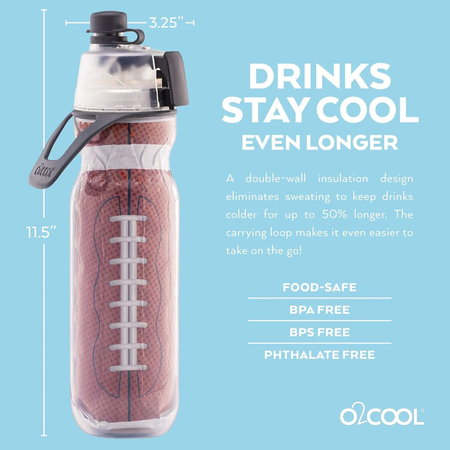 O2COOL Mist 'N Sip Misting Water Bottle No Leak Pull Top Spout Sports Water Bottle 20 oz (Football)