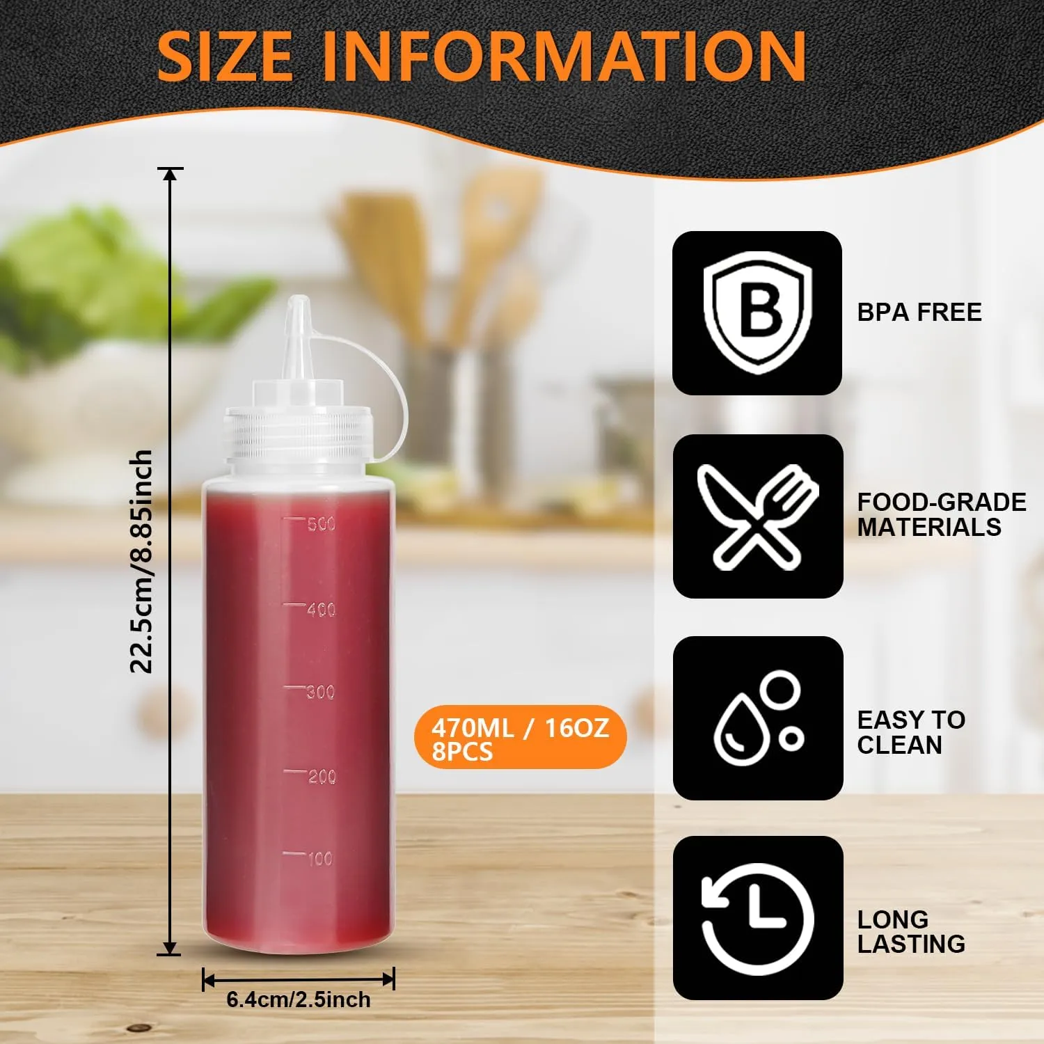 OAMCEG 16OZ Squeeze Bottles - 8 Pack Durable Plastic Condiment Bottles, Squirt Bottle with Discrete Measurements, for Ketchup, BBQ, Sauces, Syrup, Condiments, Dressings, Arts and Crafts, BPA Free