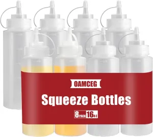OAMCEG 16OZ Squeeze Bottles - 8 Pack Durable Plastic Condiment Bottles, Squirt Bottle with Discrete Measurements, for Ketchup, BBQ, Sauces, Syrup, Condiments, Dressings, Arts and Crafts, BPA Free