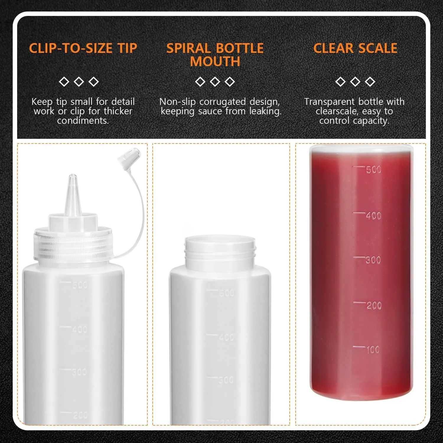OAMCEG 16OZ Squeeze Bottles - 8 Pack Durable Plastic Condiment Bottles, Squirt Bottle with Discrete Measurements, for Ketchup, BBQ, Sauces, Syrup, Condiments, Dressings, Arts and Crafts, BPA Free