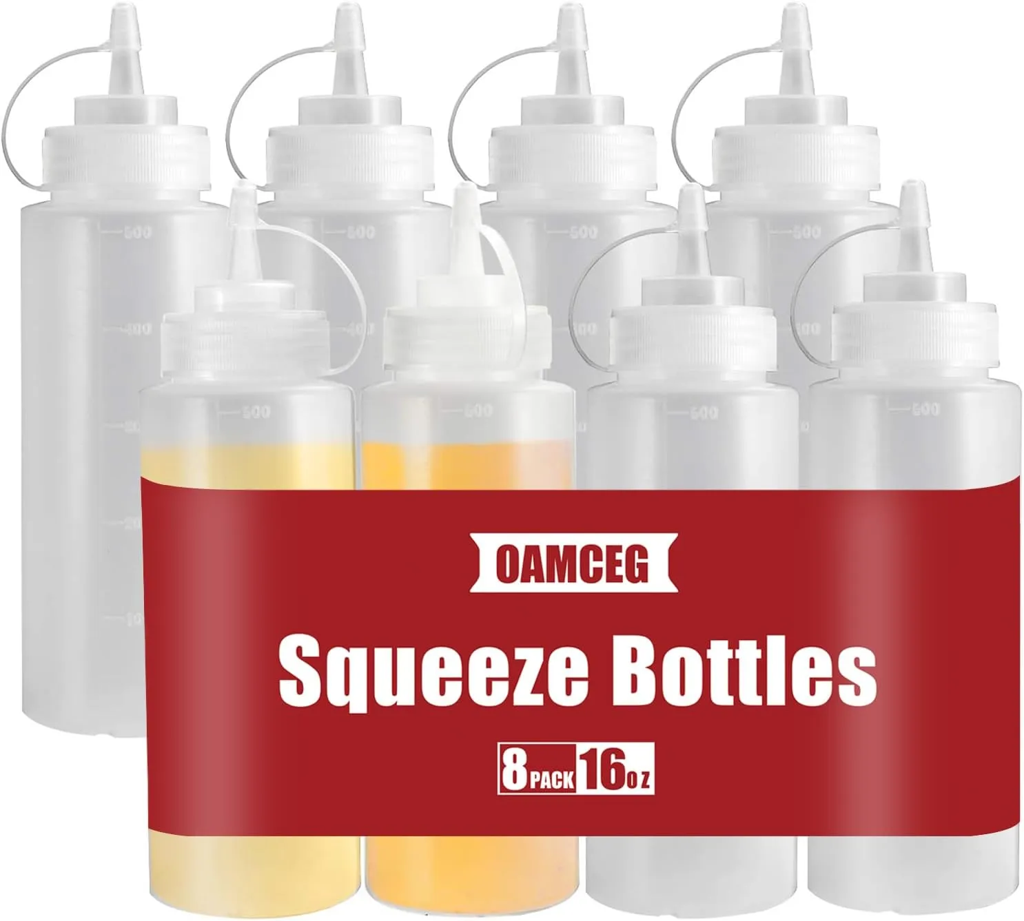 OAMCEG 16OZ Squeeze Bottles - 8 Pack Durable Plastic Condiment Bottles, Squirt Bottle with Discrete Measurements, for Ketchup, BBQ, Sauces, Syrup, Condiments, Dressings, Arts and Crafts, BPA Free