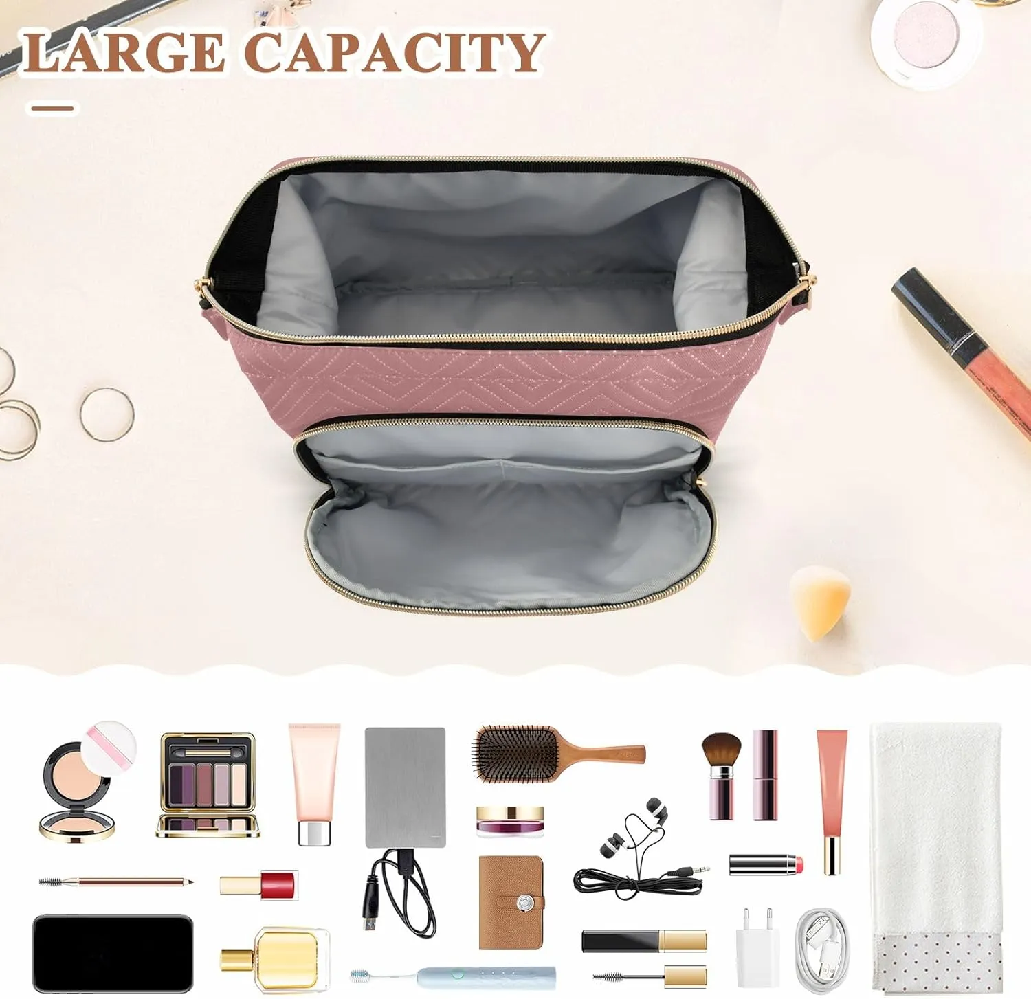 ODAWA Large Capacity Cosmetic Bags Old Rose Travel Toiletry Bag Makeup Cosmetic Bags with 9-Piece Accessory Set, Cosmetic Bags for Women for Purse