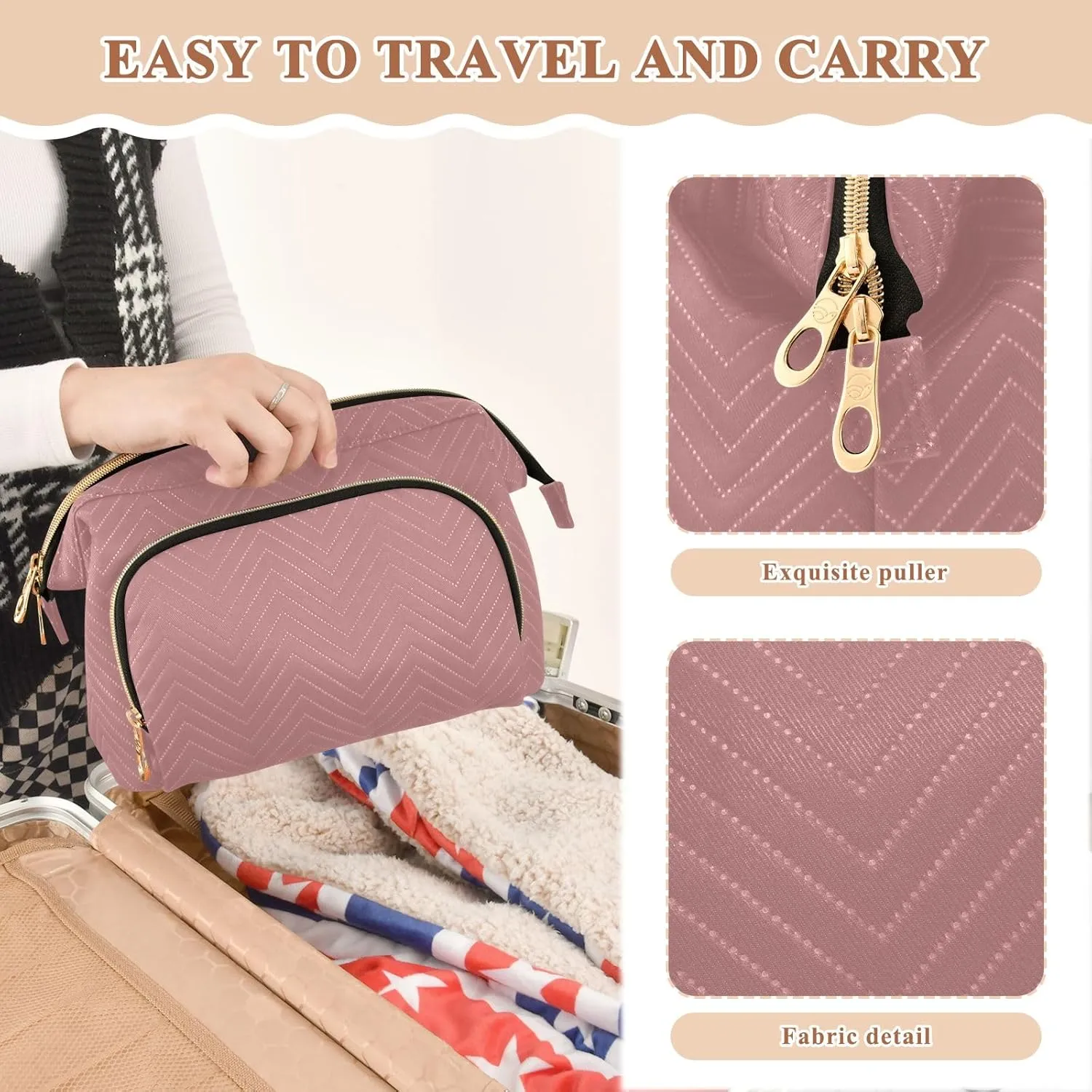 ODAWA Large Capacity Cosmetic Bags Old Rose Travel Toiletry Bag Makeup Cosmetic Bags with 9-Piece Accessory Set, Cosmetic Bags for Women for Purse
