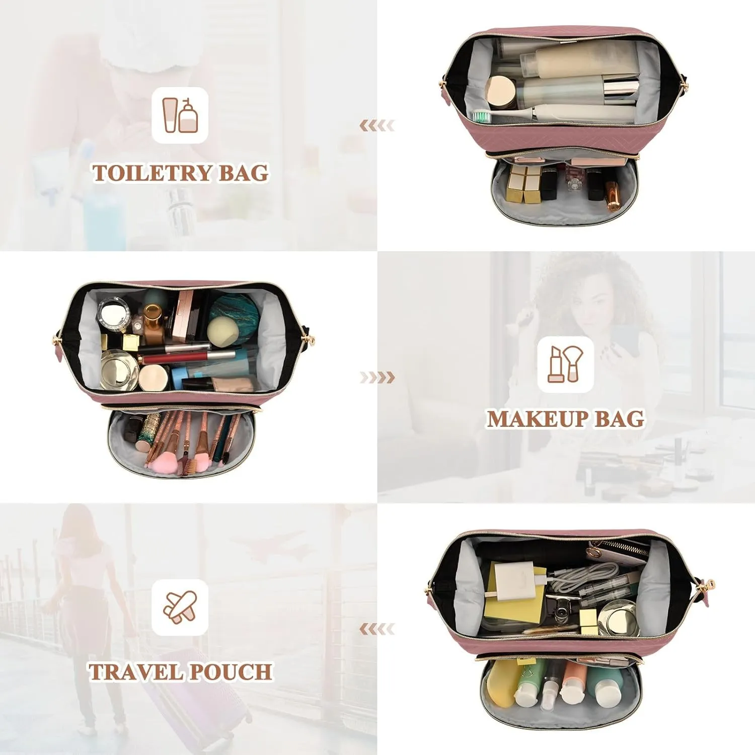 ODAWA Large Capacity Cosmetic Bags Old Rose Travel Toiletry Bag Makeup Cosmetic Bags with 9-Piece Accessory Set, Cosmetic Bags for Women for Purse