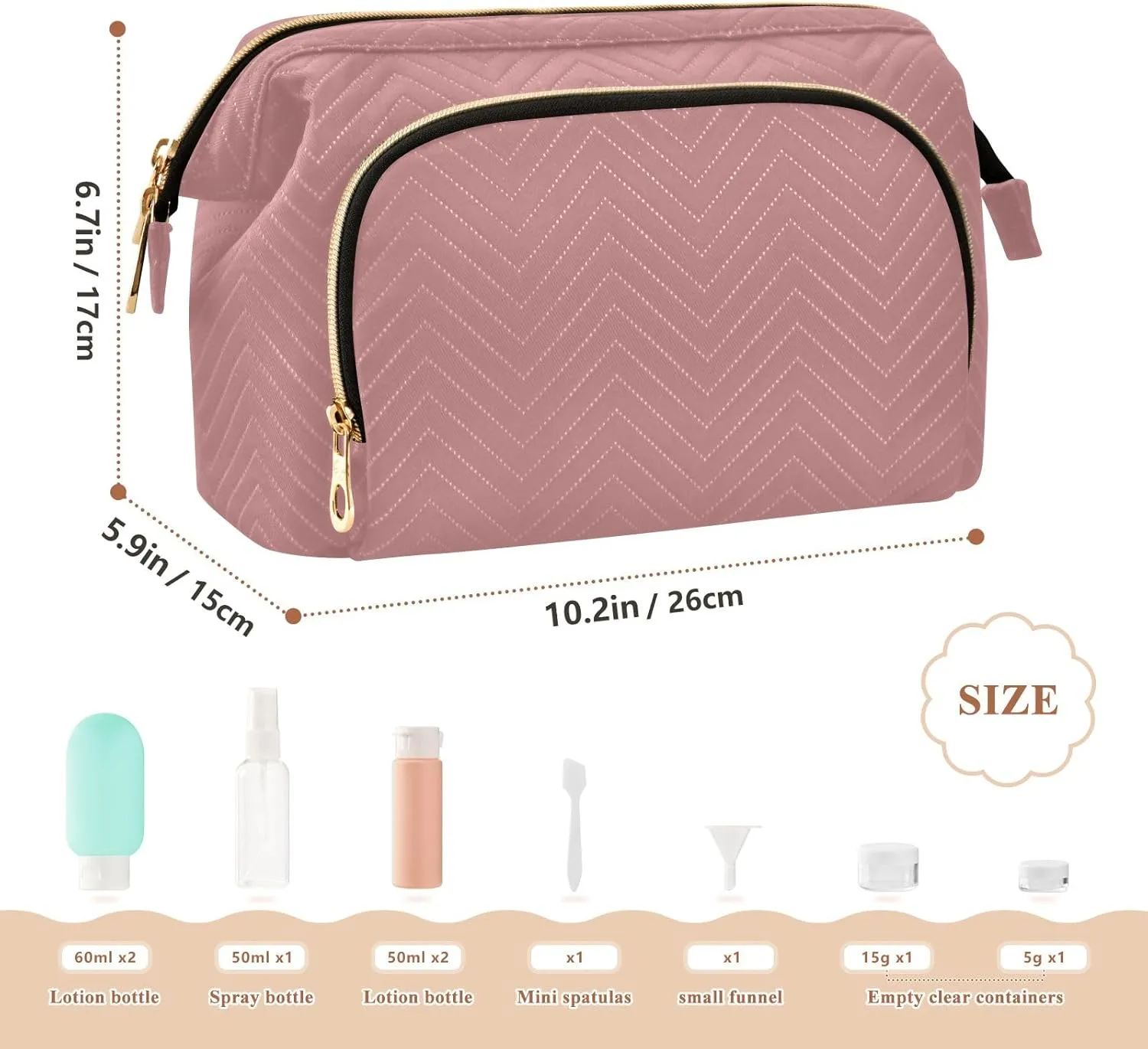 ODAWA Large Capacity Cosmetic Bags Old Rose Travel Toiletry Bag Makeup Cosmetic Bags with 9-Piece Accessory Set, Cosmetic Bags for Women for Purse