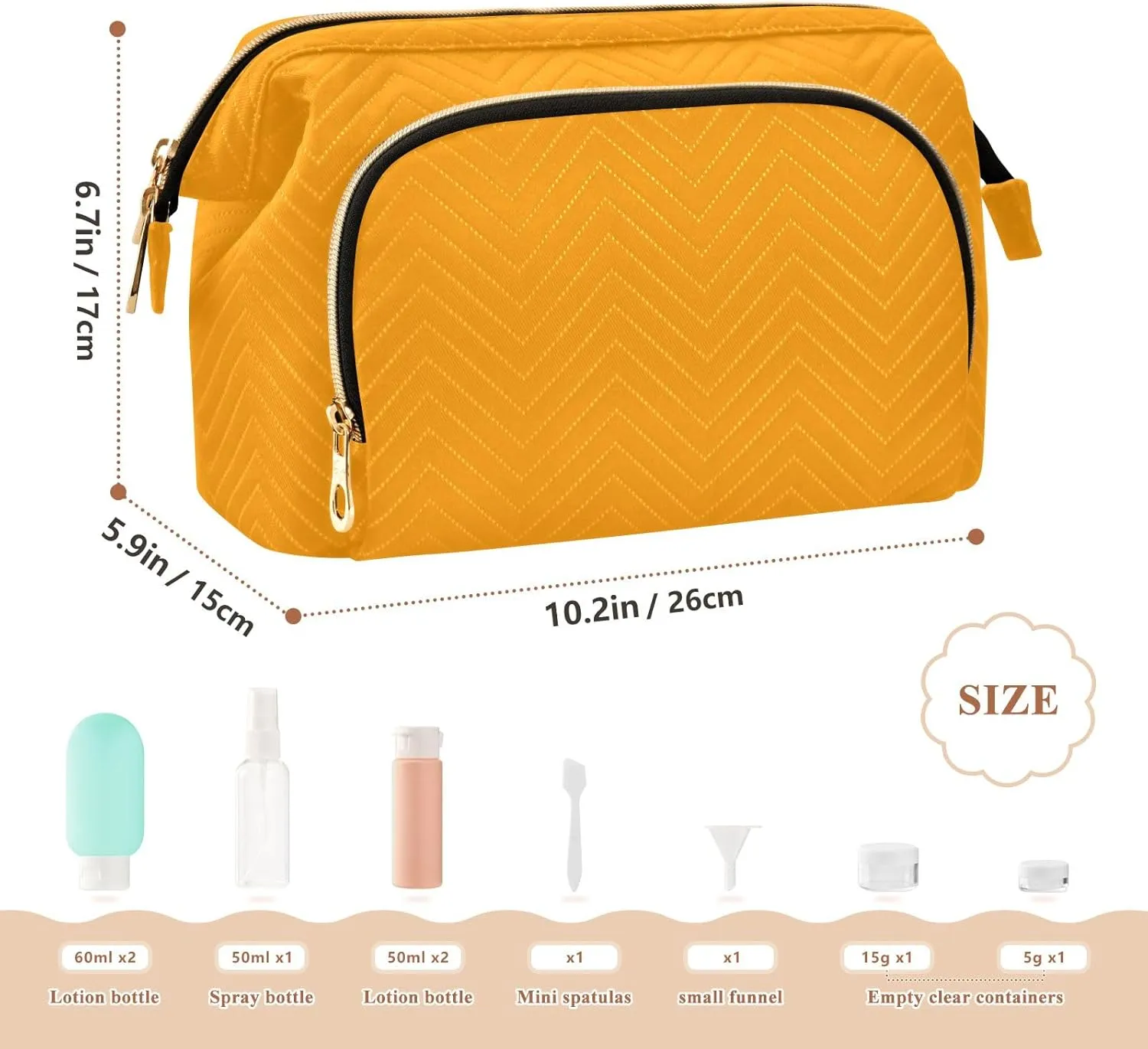 ODAWA Marigold Quilted Cosmetic Bag with 9-Piece Accessory Set, Wide-open Cosmetic Travel Bags Travel Bags for Women Toiletry and Makeup