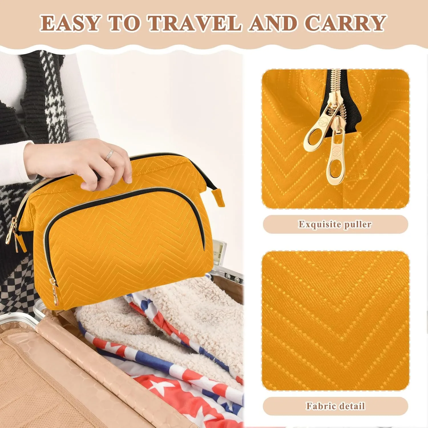 ODAWA Marigold Quilted Cosmetic Bag with 9-Piece Accessory Set, Wide-open Cosmetic Travel Bags Travel Bags for Women Toiletry and Makeup