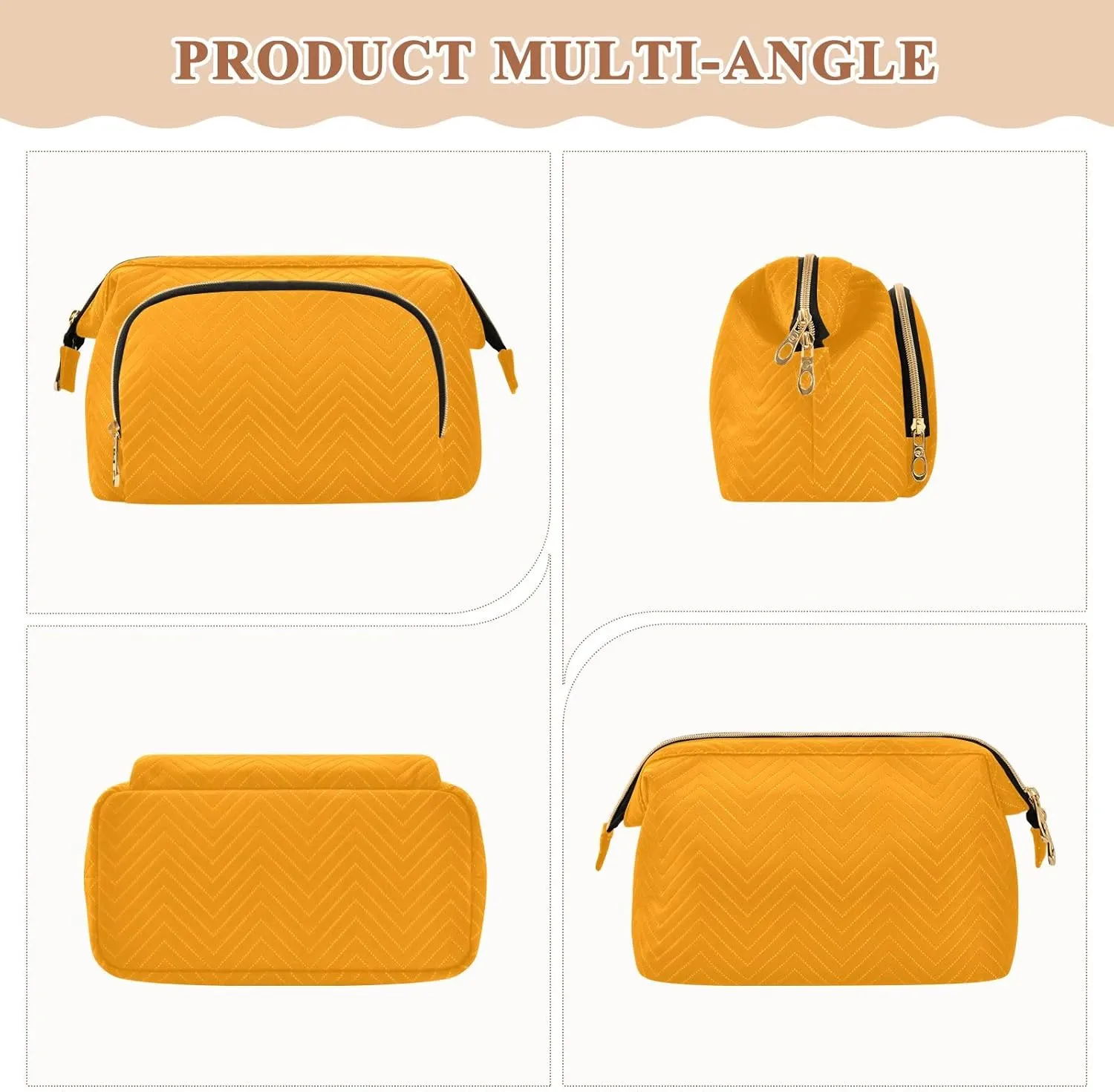 ODAWA Marigold Quilted Cosmetic Bag with 9-Piece Accessory Set, Wide-open Cosmetic Travel Bags Travel Bags for Women Toiletry and Makeup