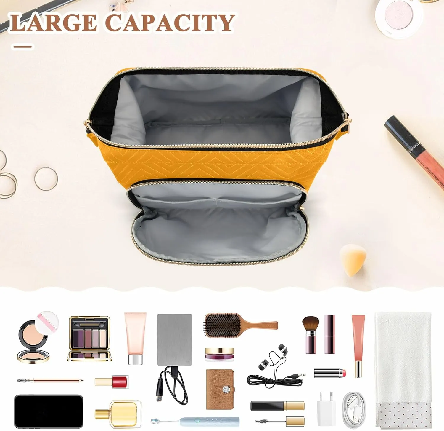 ODAWA Marigold Quilted Cosmetic Bag with 9-Piece Accessory Set, Wide-open Cosmetic Travel Bags Travel Bags for Women Toiletry and Makeup