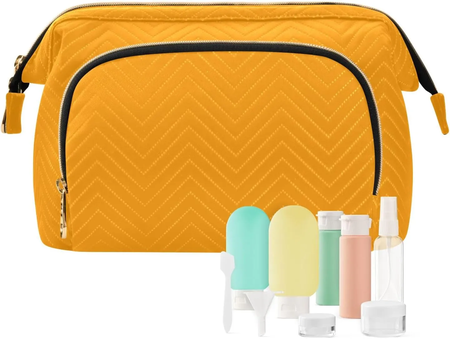 ODAWA Marigold Quilted Cosmetic Bag with 9-Piece Accessory Set, Wide-open Cosmetic Travel Bags Travel Bags for Women Toiletry and Makeup