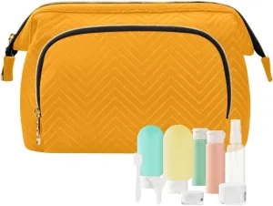 ODAWA Marigold Quilted Cosmetic Bag with 9-Piece Accessory Set, Wide-open Cosmetic Travel Bags Travel Bags for Women Toiletry and Makeup