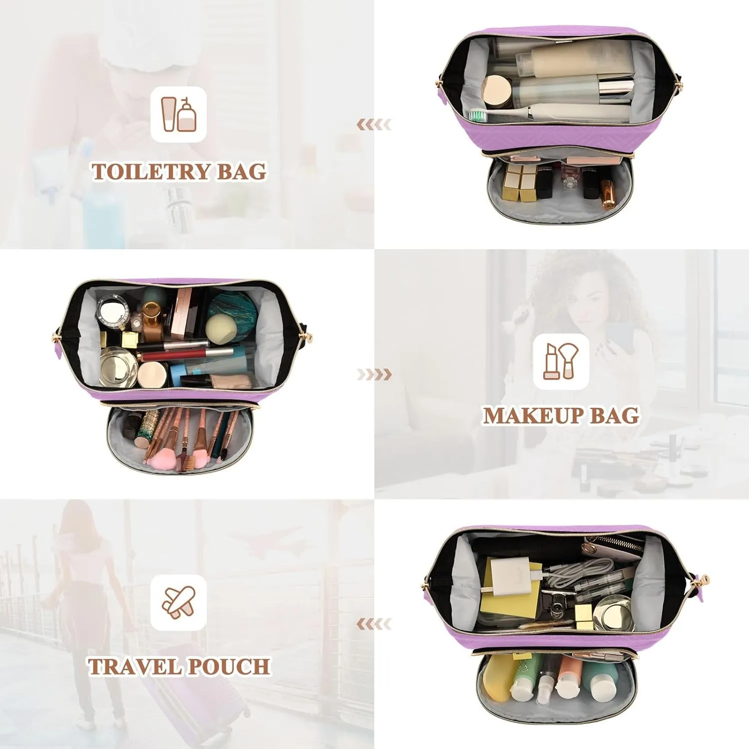 ODAWA Quilted Makeup Bag with 9-Piece Accessory Set, Medium Lavender Magenta Traveling Makeup Bag Organizer Makeup Bag Travel Cosmetic Bag Toiletry Bag Organizer Pouch