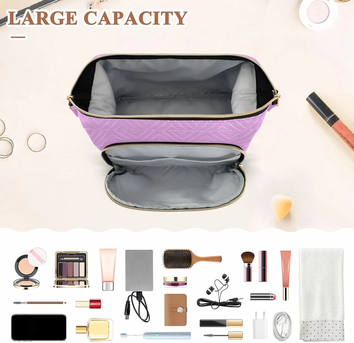 ODAWA Quilted Makeup Bag with 9-Piece Accessory Set, Medium Lavender Magenta Traveling Makeup Bag Organizer Makeup Bag Travel Cosmetic Bag Toiletry Bag Organizer Pouch