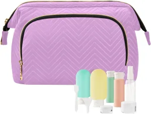 ODAWA Quilted Makeup Bag with 9-Piece Accessory Set, Medium Lavender Magenta Traveling Makeup Bag Organizer Makeup Bag Travel Cosmetic Bag Toiletry Bag Organizer Pouch