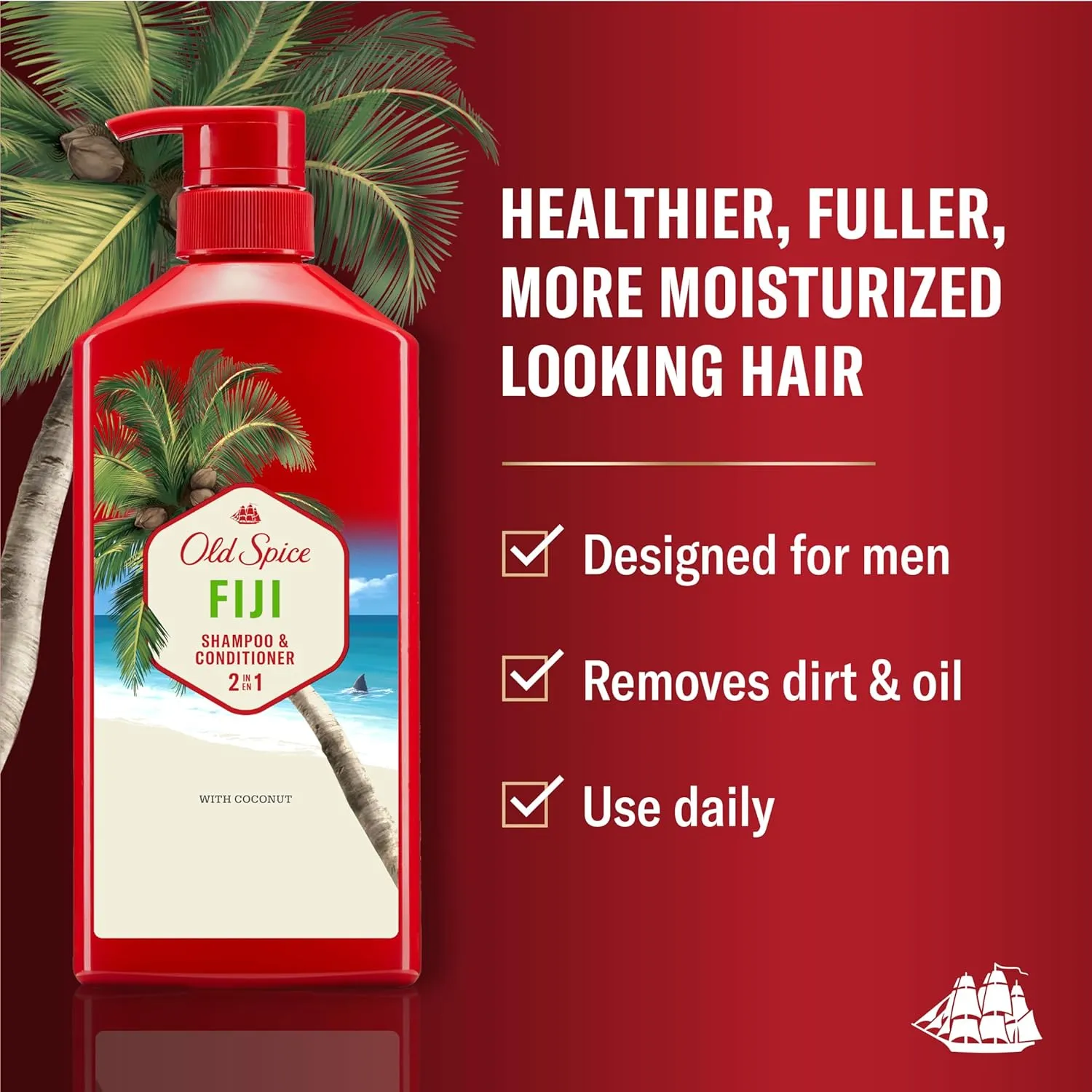 Old Spice Fiji 2-in-1 Shampoo and Conditioner Set for Men, Coconut & Tropical Wood Scent, Get Up To 80% Fuller-Looking Hair, Barbershop Quality, Fresh & Clean Hair, 21.9 Fl Oz Each, 2 Pack