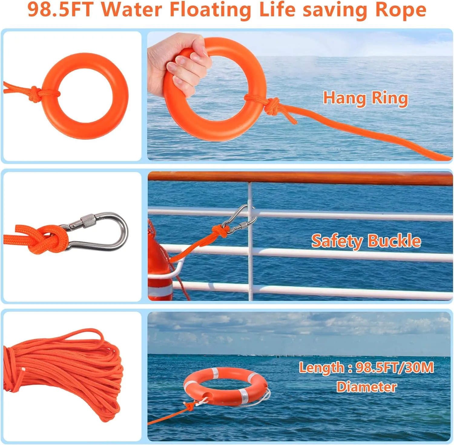 Orange Boat Safety Throw Ring with Bracket - 23"/28" Life Ring Buoy with 98.5 FT Rope and Reflective Tape