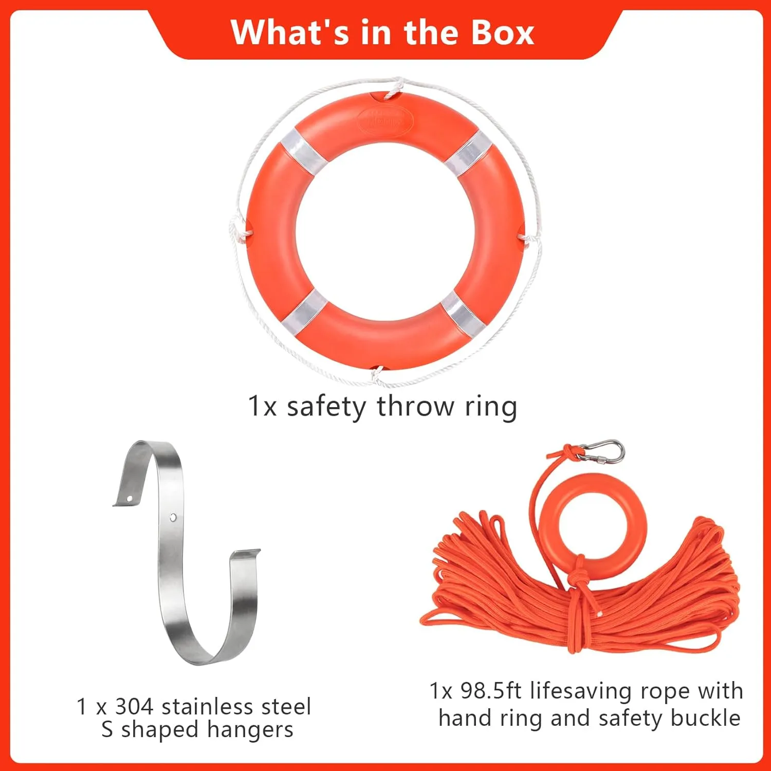 Orange Boat Safety Throw Ring with Bracket - 23"/28" Life Ring Buoy with 98.5 FT Rope and Reflective Tape
