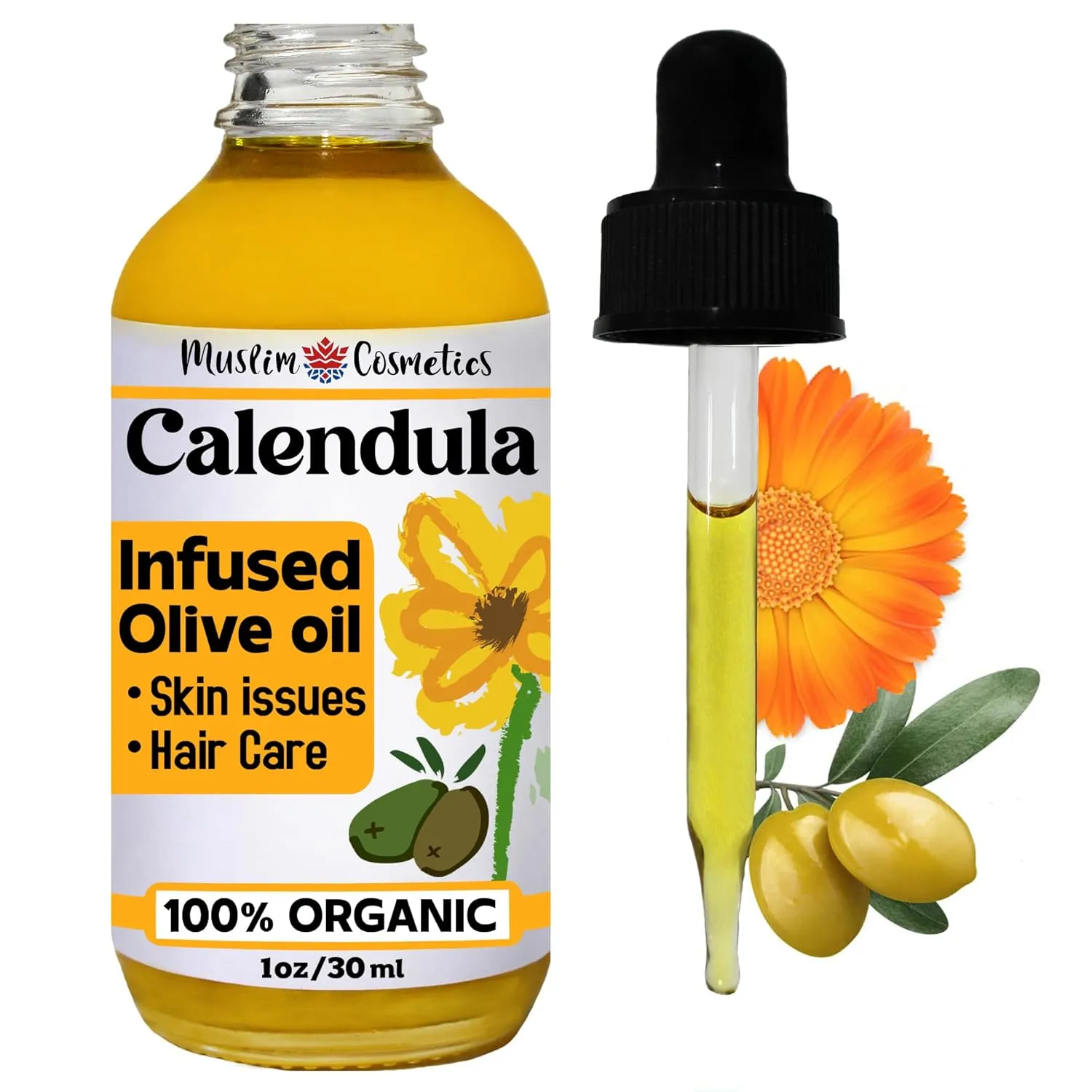 Organic Calendula oil | Infused in Olive oil | For Skin & Hair | Cold infused | 100% Organic || Made in Canada - Muslim Cosmetics - Calendula Olive (1oz (30ml))