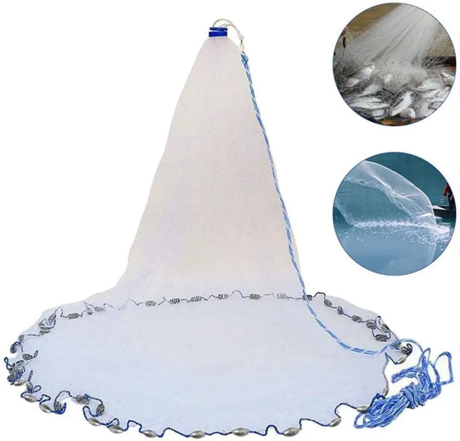 OTOEZ Fishing Net Cast Nets for Fishing 3Ft-8Ft Radius Saltwater Easy Throw Net Nylon/Tire Line 0.47/0.79 Inch Mesh Size for Bait Net Trap, with Sinker Aluminum Frisbee