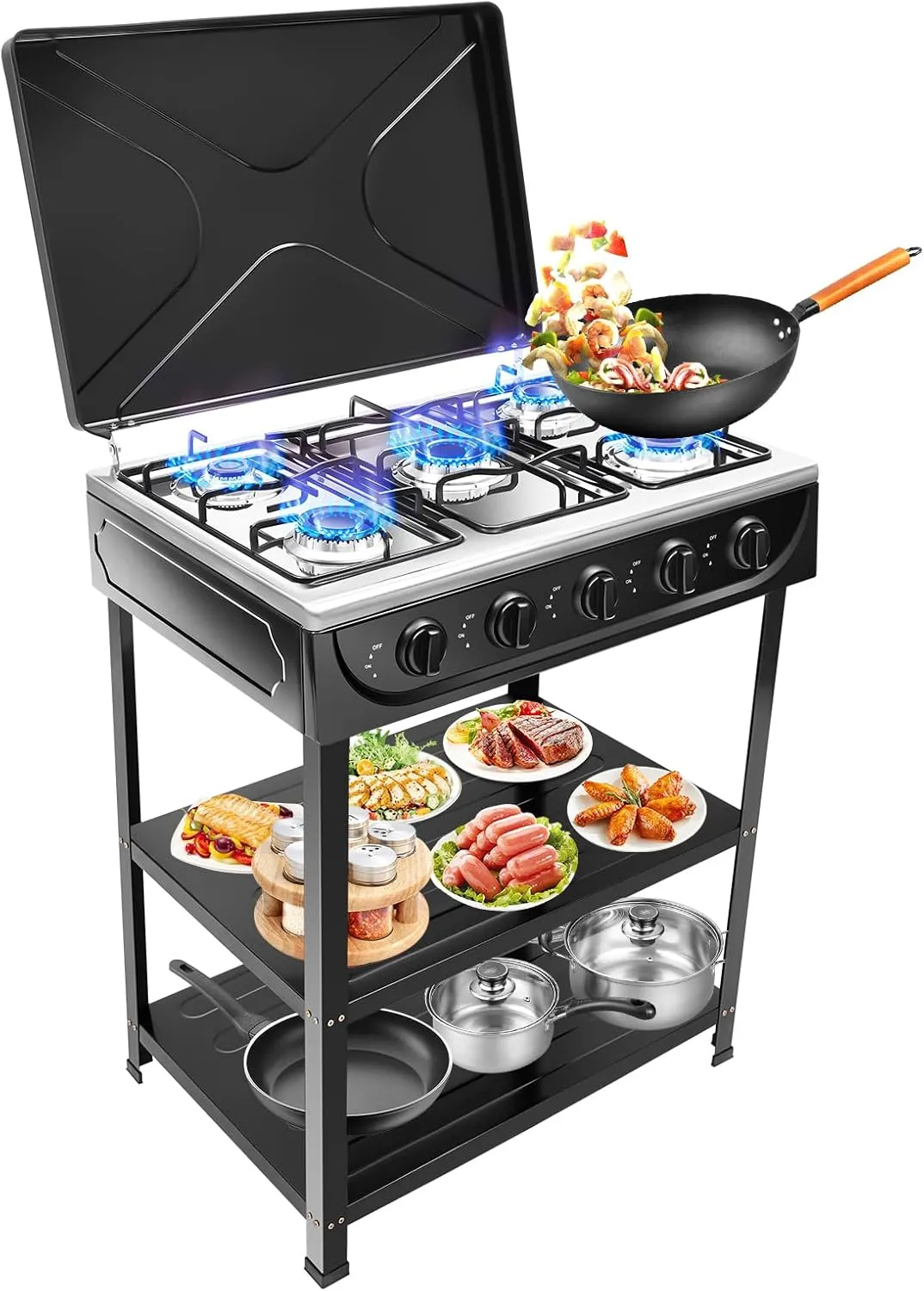 Outdoor Natural Gas Stove,5-Burner Commercial Kitchen Cooking Stove Set with Support Leg Stand,Wind Blocking Cover and Storage Shelves Restaurant Gas Stove for Patio, RV, Camping, Apartment