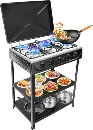 Outdoor Natural Gas Stove,5-Burner Commercial Kitchen Cooking Stove Set with Support Leg Stand,Wind Blocking Cover and Storage Shelves Restaurant Gas Stove for Patio, RV, Camping, Apartment