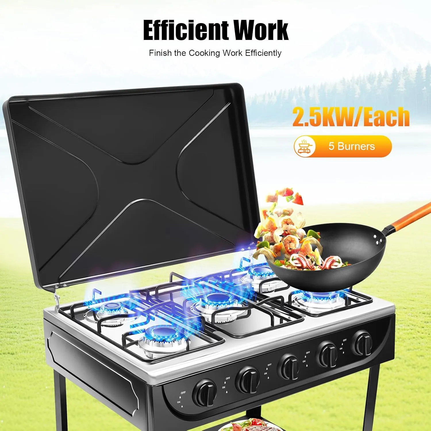 Outdoor Natural Gas Stove,5-Burner Commercial Kitchen Cooking Stove Set with Support Leg Stand,Wind Blocking Cover and Storage Shelves Restaurant Gas Stove for Patio, RV, Camping, Apartment
