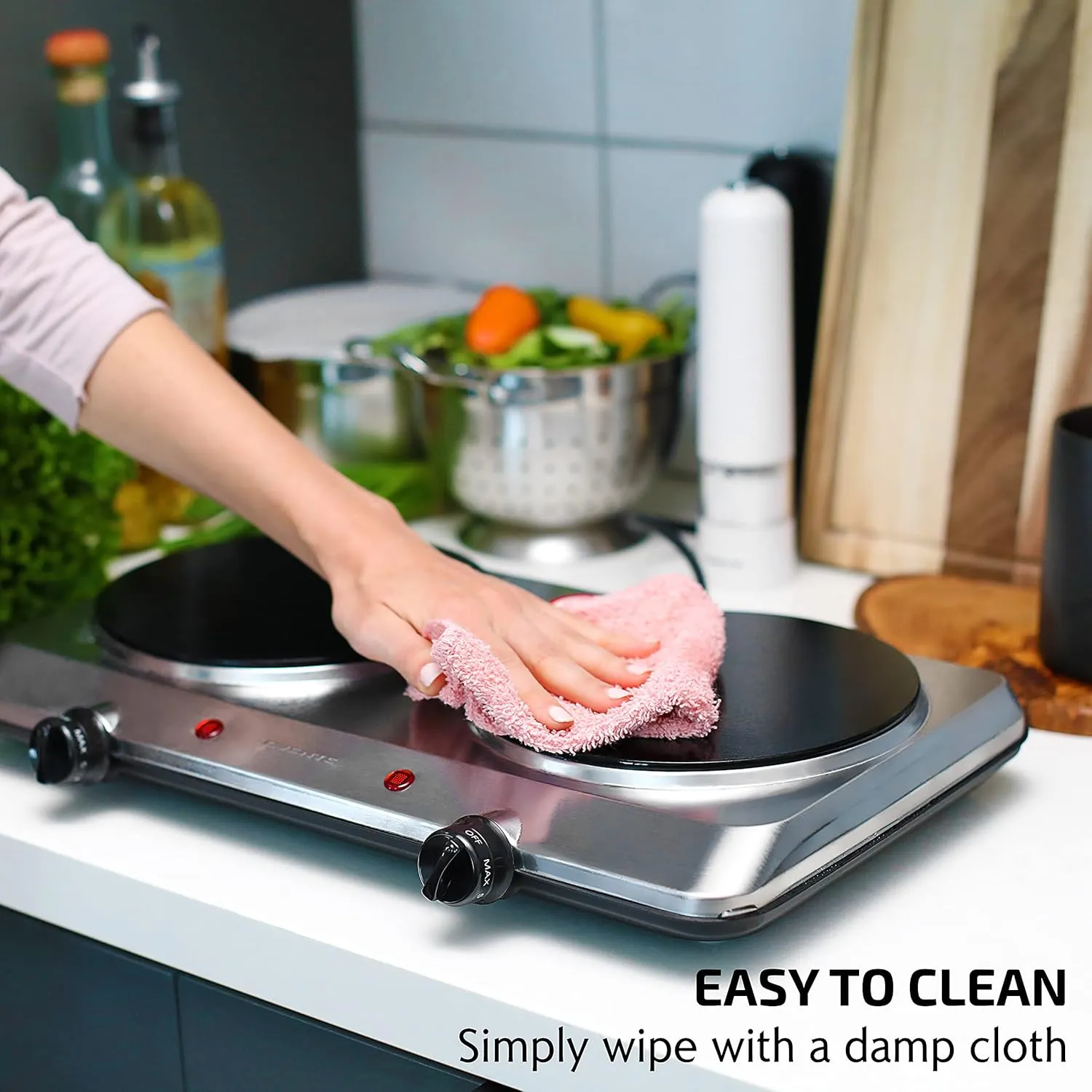 OVENTE Countertop Infrared Double Burner, 1500W Electric Hot Plate and Portable Stove with 7.5” Ceramic Glass Cooktop, 6 Level Temperature Setting and Easy to Clean Base, Silver BGI202S