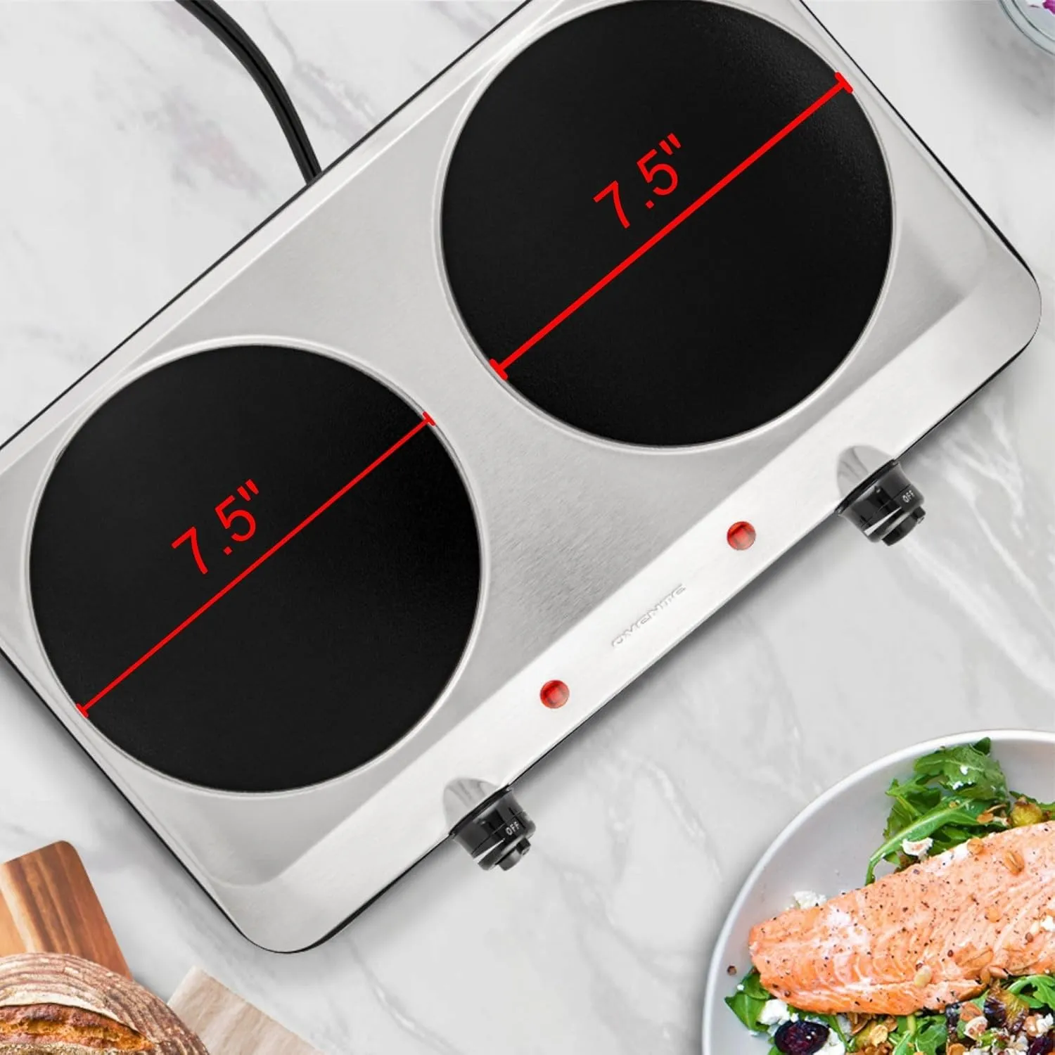 OVENTE Countertop Infrared Double Burner, 1500W Electric Hot Plate and Portable Stove with 7.5” Ceramic Glass Cooktop, 6 Level Temperature Setting and Easy to Clean Base, Silver BGI202S