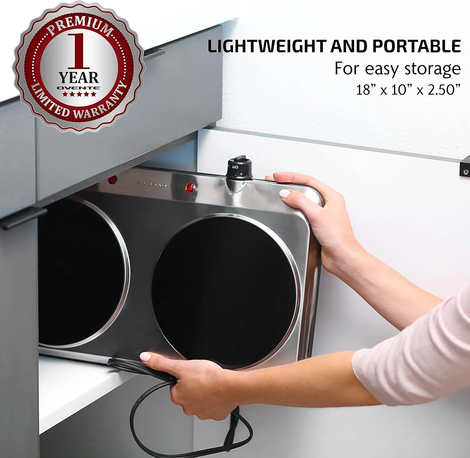 OVENTE Countertop Infrared Double Burner, 1500W Electric Hot Plate and Portable Stove with 7.5” Ceramic Glass Cooktop, 6 Level Temperature Setting and Easy to Clean Base, Silver BGI202S