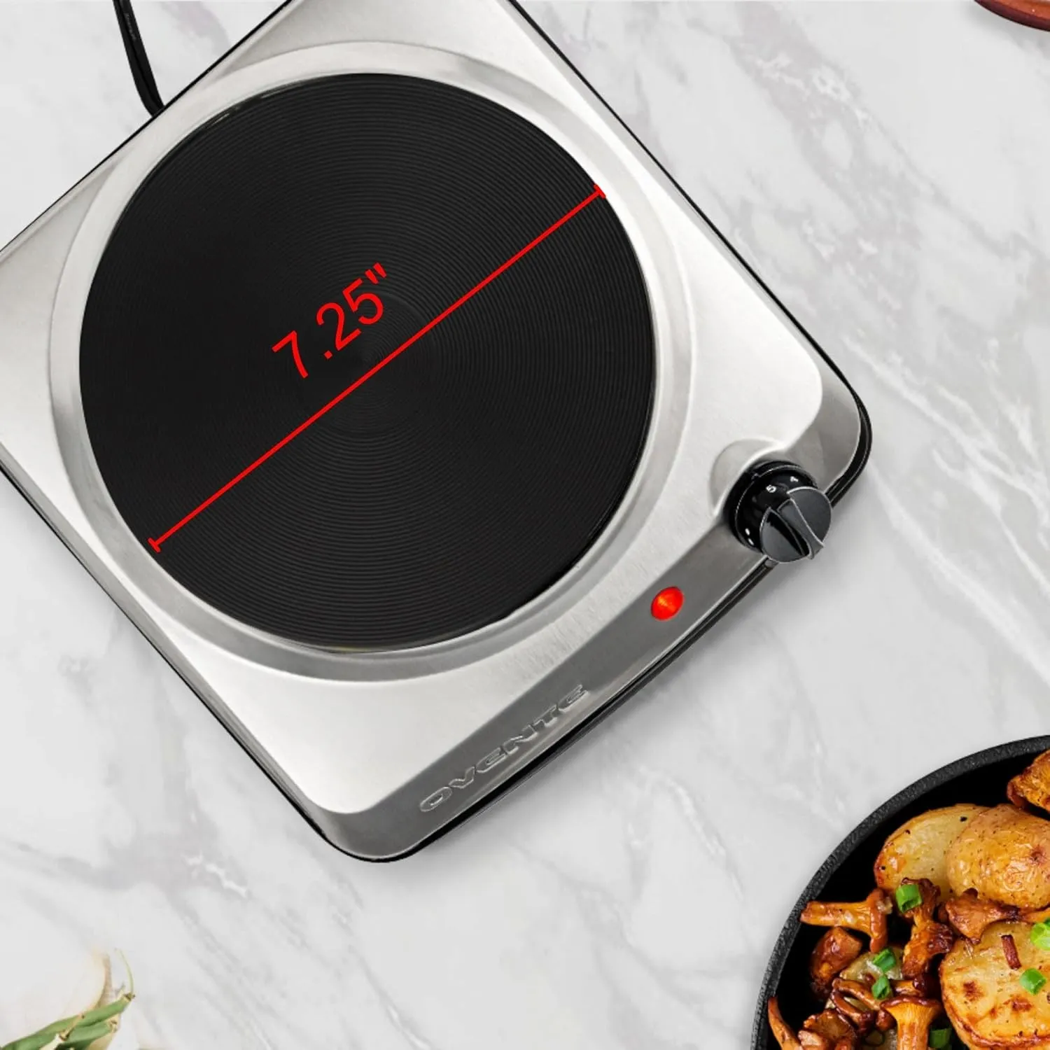 OVENTE Electric Countertop Single Burner, 1000W Cooktop with 7.25 Inch Cast Iron Hot Plate, 5 Level Temperature Control, Compact Cooking Stove and Easy to Clean Stainless Steel Base, Silver BGS101S