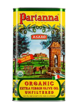 Partanna Organic Unfiltered Extra Virgin Olive Oil - Premium Organic Castelvetrano Oil Harvested in Sicily - Pure Authentic Italian - Monovarietal - Rich in Flavor and Tradition - 101oz (3 liter) Tin