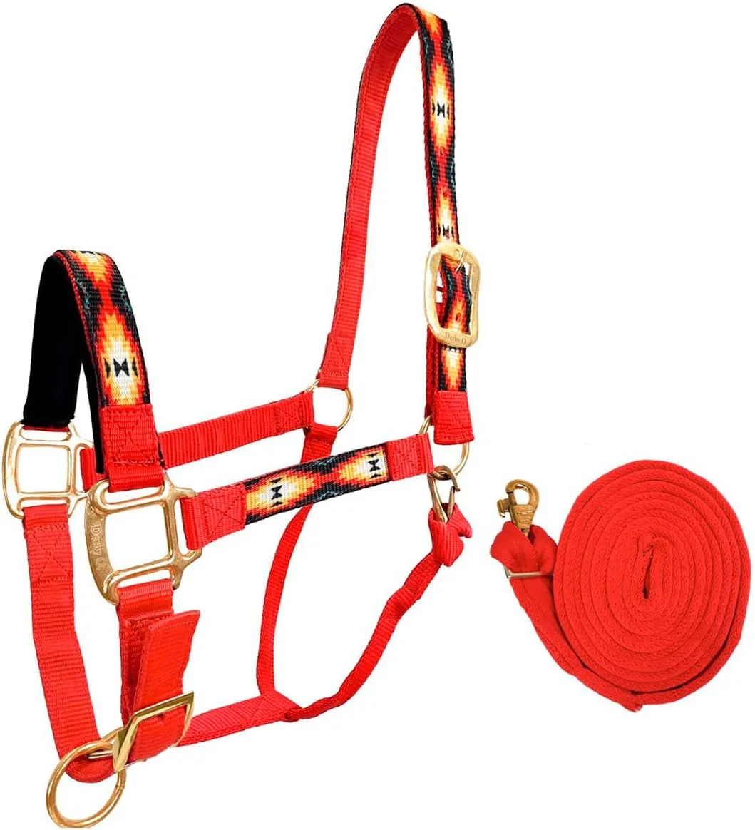 Patterned Nylon Adjustable Horse Halters with Padded Noseband and Matching 10’ Soft Grip Lead Rope with one Year Warranty