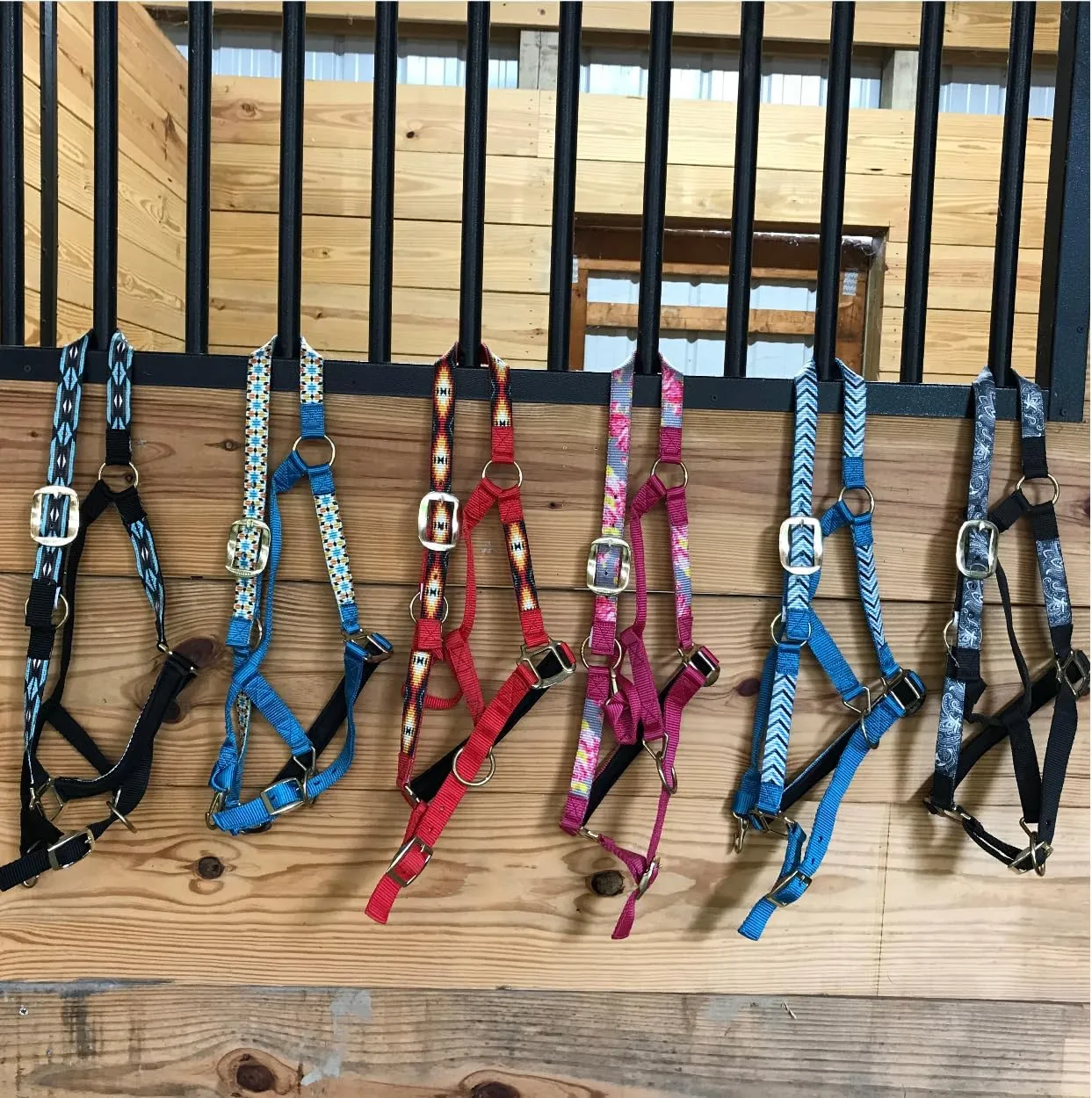 Patterned Nylon Adjustable Horse Halters with Padded Noseband and Matching 10’ Soft Grip Lead Rope with one Year Warranty