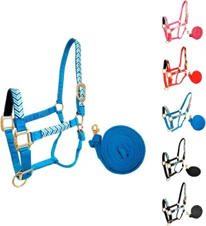 Patterned Nylon Adjustable Horse Halters with Padded Noseband and Matching 10’ Soft Grip Lead Rope with one Year Warranty