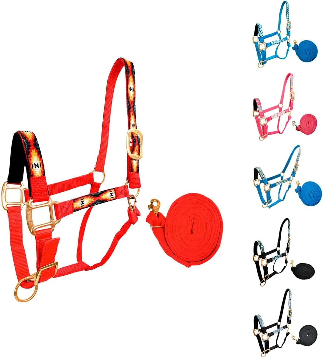 Patterned Nylon Adjustable Horse Halters with Padded Noseband and Matching 10’ Soft Grip Lead Rope with one Year Warranty