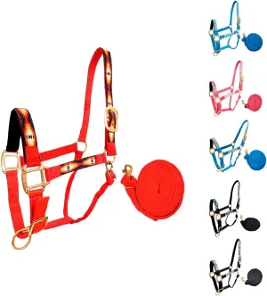 Patterned Nylon Adjustable Horse Halters with Padded Noseband and Matching 10’ Soft Grip Lead Rope with one Year Warranty