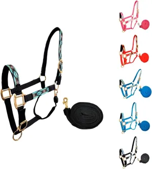 Patterned Nylon Adjustable Horse Halters with Padded Noseband and Matching 10’ Soft Grip Lead Rope