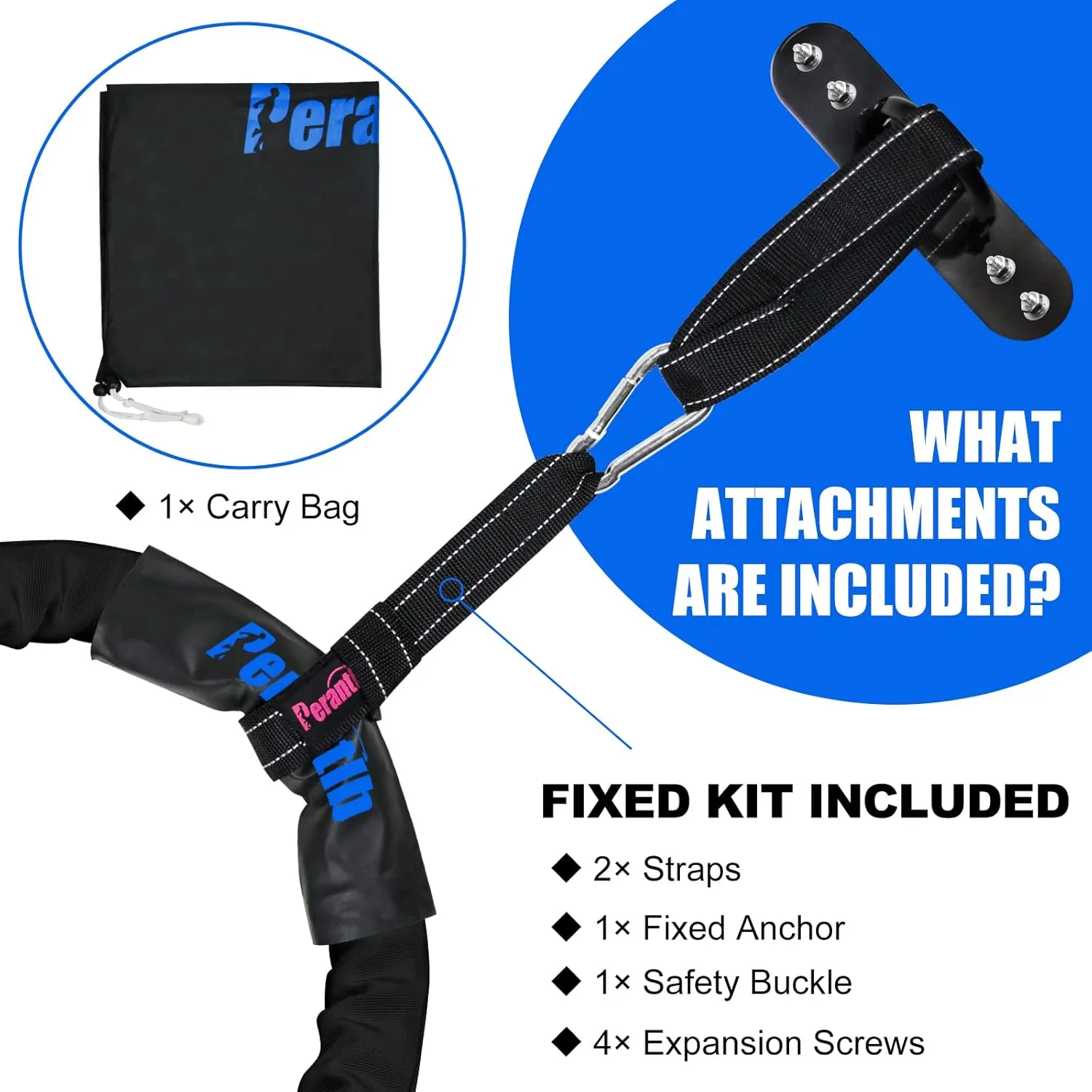 Perantlb Battle Rope With Wear-Resistant Nylon Protective Sleeve - Heavy Battle Rope for Strength Training, Home Fitness Exercise - Anchor Strap Kit Included