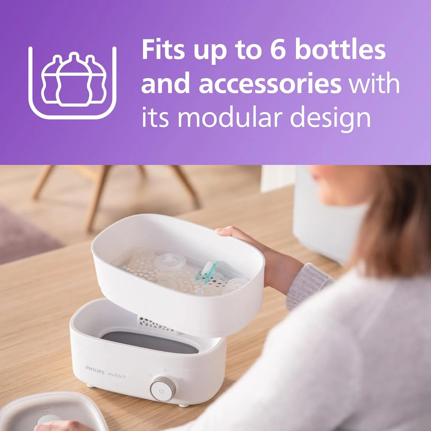 Philips Avent Baby Bottle Sterilizer and Dryer Premium, Removes 99,9% of Bacteria, Chemicals Free, Capacity 6 Bottles/Teats/Accessories, Modular Space Saving Design, Model SCF293