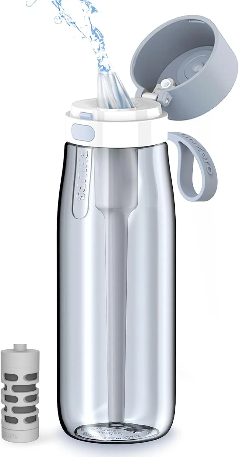 PHILIPS Filtered Water Bottle, BPA-Free Tritan Plastic Water Bottles, Replaces 450 Plastic Water Bottle with Reusable GoZero Everyday Water Filter, Portable Filtering Bottle for Travel, 22 oz, Blue