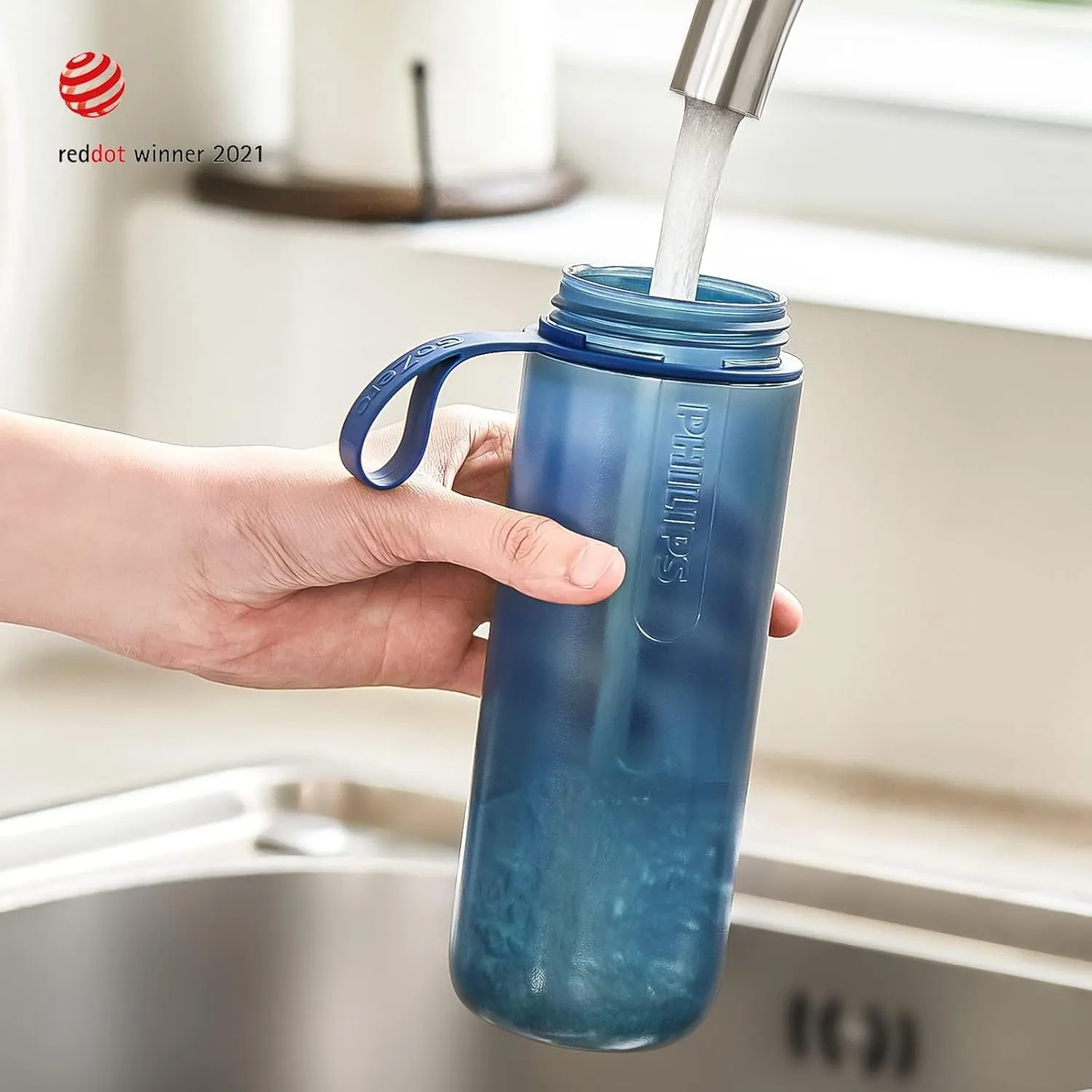 PHILIPS Filtered Water Bottle, GoZero Active BPA-Free Water Bottle with Fitness Tap Water Filter, Sport Squeeze Water Bottle, Lightweight, 24 oz with Fitness Filter, Blue