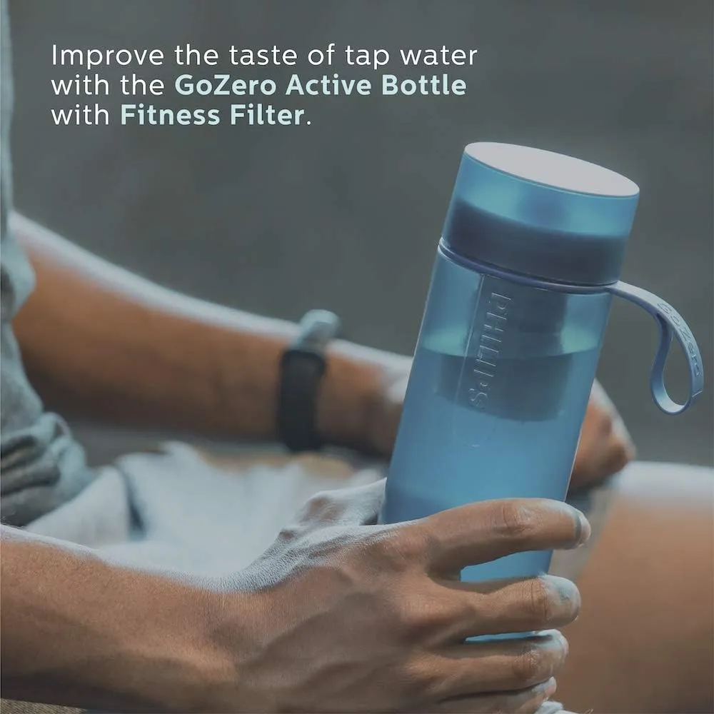 PHILIPS Filtered Water Bottle, GoZero Active BPA-Free Water Bottle with Fitness Tap Water Filter, Sport Squeeze Water Bottle, Lightweight, 24 oz with Fitness Filter, Blue