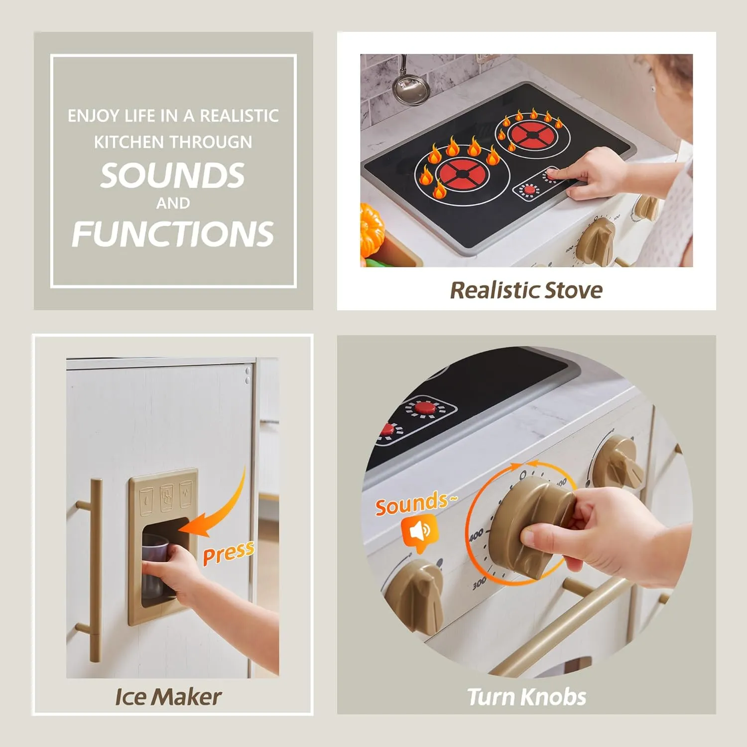 Play Kitchen for Kids, Wooden Kids Kitchen Playset with Lights and Sounds, Kitchen Set for Toddler with Storage Box, Ice Maker, Oven and 11 Accessories for Boys and Girls Ages 3  (Antique White)