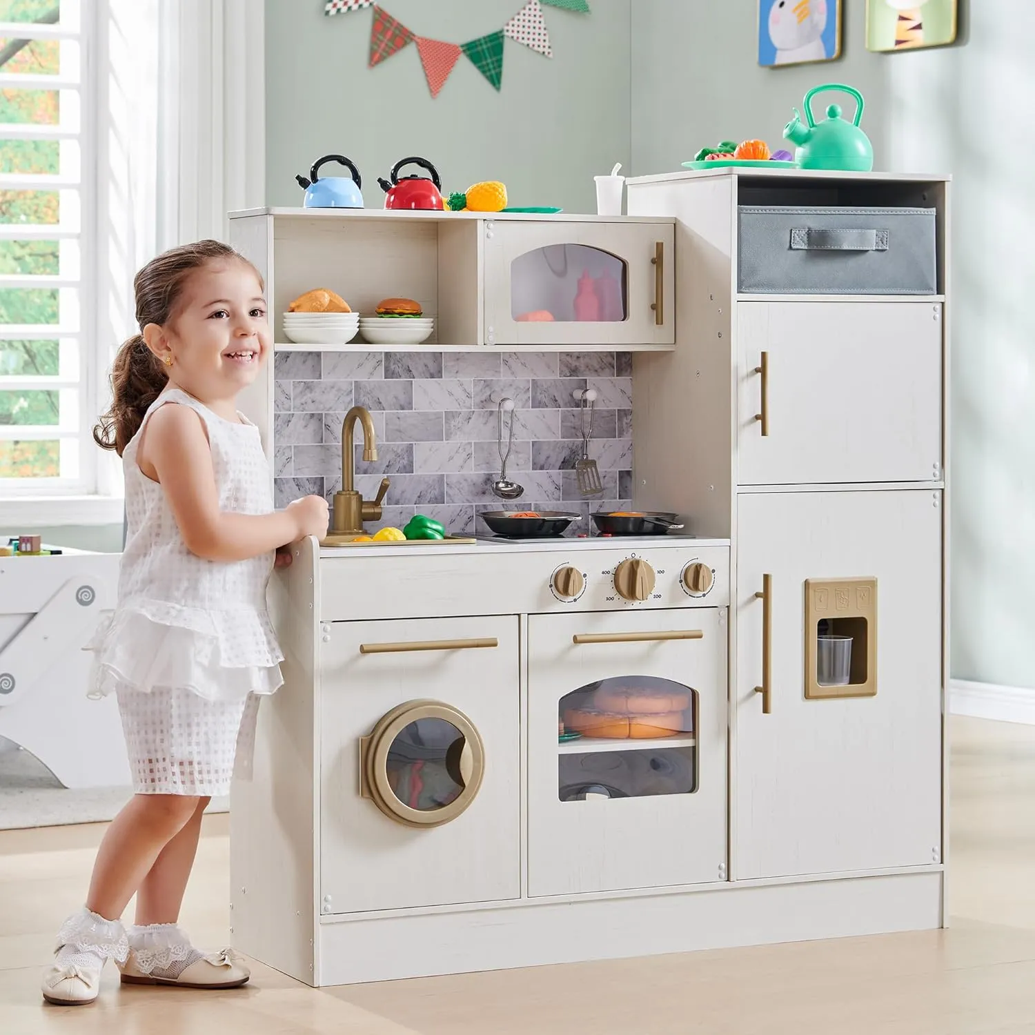 Play Kitchen for Kids, Wooden Kids Kitchen Playset with Lights and Sounds, Kitchen Set for Toddler with Storage Box, Ice Maker, Oven and 11 Accessories for Boys and Girls Ages 3  (Antique White)
