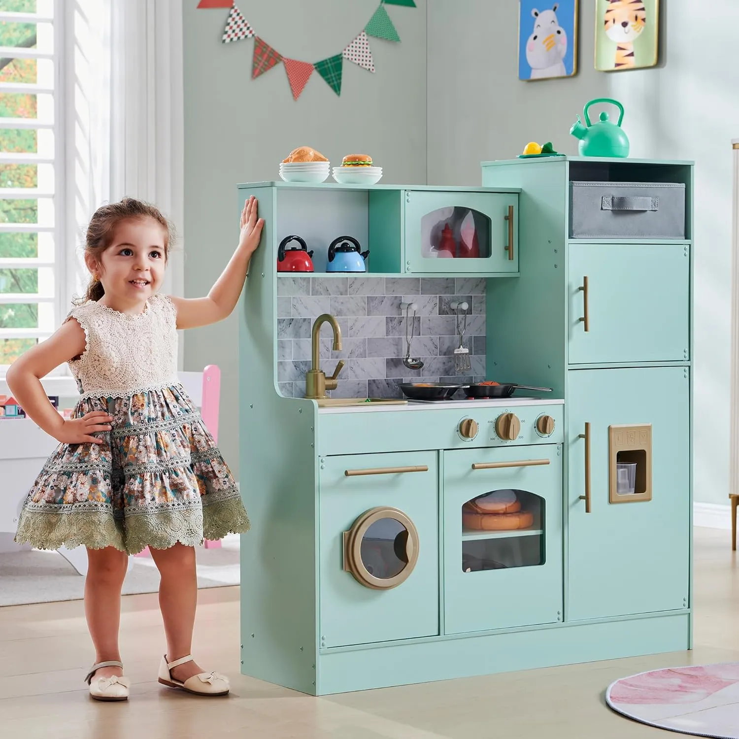 Play Kitchen for Kids, Wooden Kids Kitchen Playset with Lights and Sounds, Kitchen Set for Toddler with Storage Box, Ice Maker, Oven and 11 Accessories for Boys and Girls Ages 3  (Light Green)