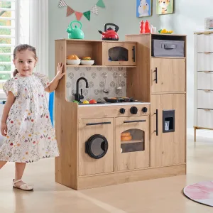 Play Kitchen for Kids, Wooden Kids Kitchen Playset with Lights and Sounds, Kitchen Set for Toddler with Storage Box, Ice Maker, Oven and 11 Accessories for Boys and Girls Ages 3  Natural