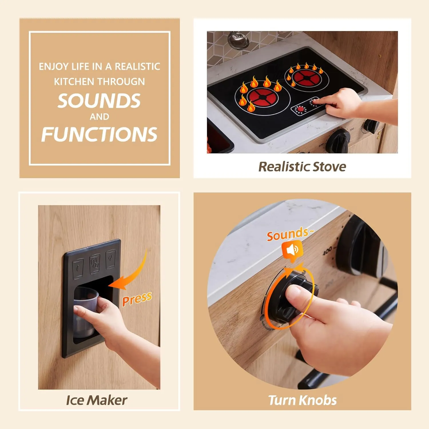 Play Kitchen for Kids, Wooden Kids Kitchen Playset with Lights and Sounds, Kitchen Set for Toddler with Storage Box, Ice Maker, Oven and 11 Accessories for Boys and Girls Ages 3  Natural