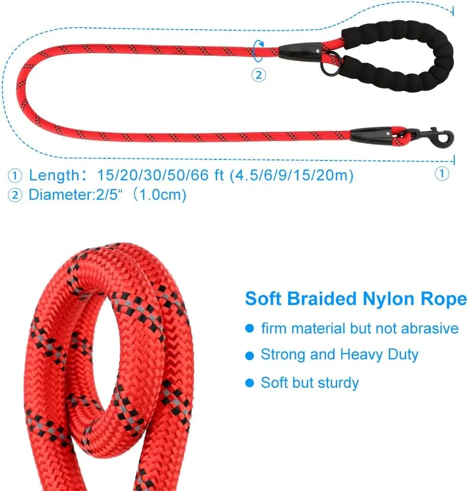Plutus Pet Long Rope Dog Leash - Comfortable Padded Handle, Reflective Nylon Heavy Duty, 15FT 20FT 30FT 50FT 66FT Training for Small Medium Large Dogs (50FT, Red)